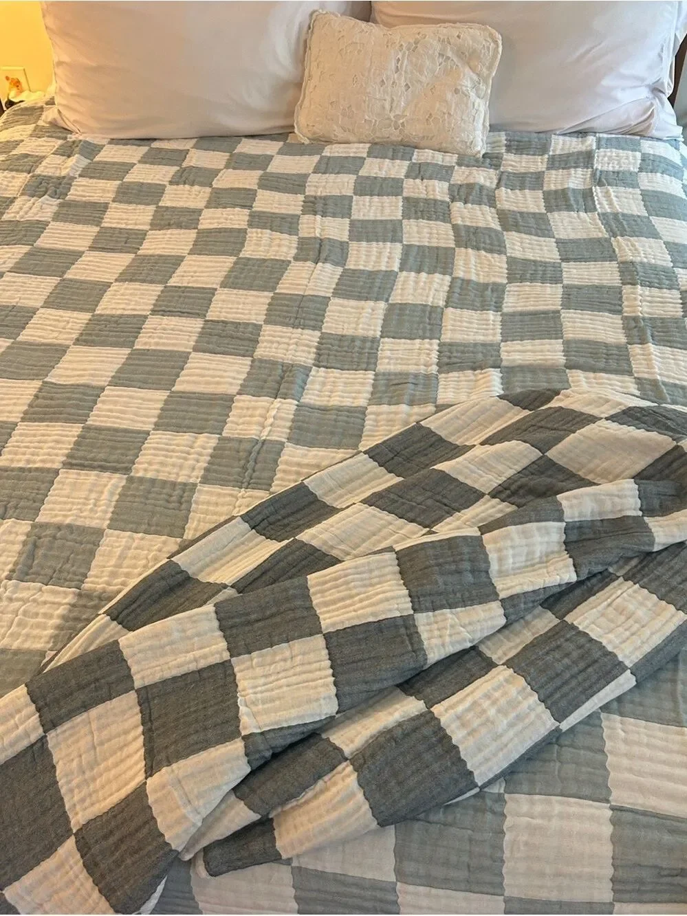 Dark Teal Gray Check Throw Blanket Cotton Bamboo Blend Patchwork Quilt Style NEW